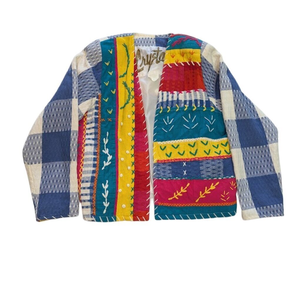 Vintage 80s Crystal Art to Wear Handwoven Patchwork Quilted Jacket Boho Artsy M